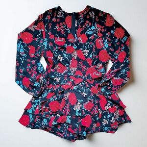 Floral Long Sleeve V-Neck Romper with Tie